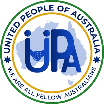United People of Australia logo: the letters UPA over a map of Australia, with a handshake, ringed by the words We Are All Fellow Australians.